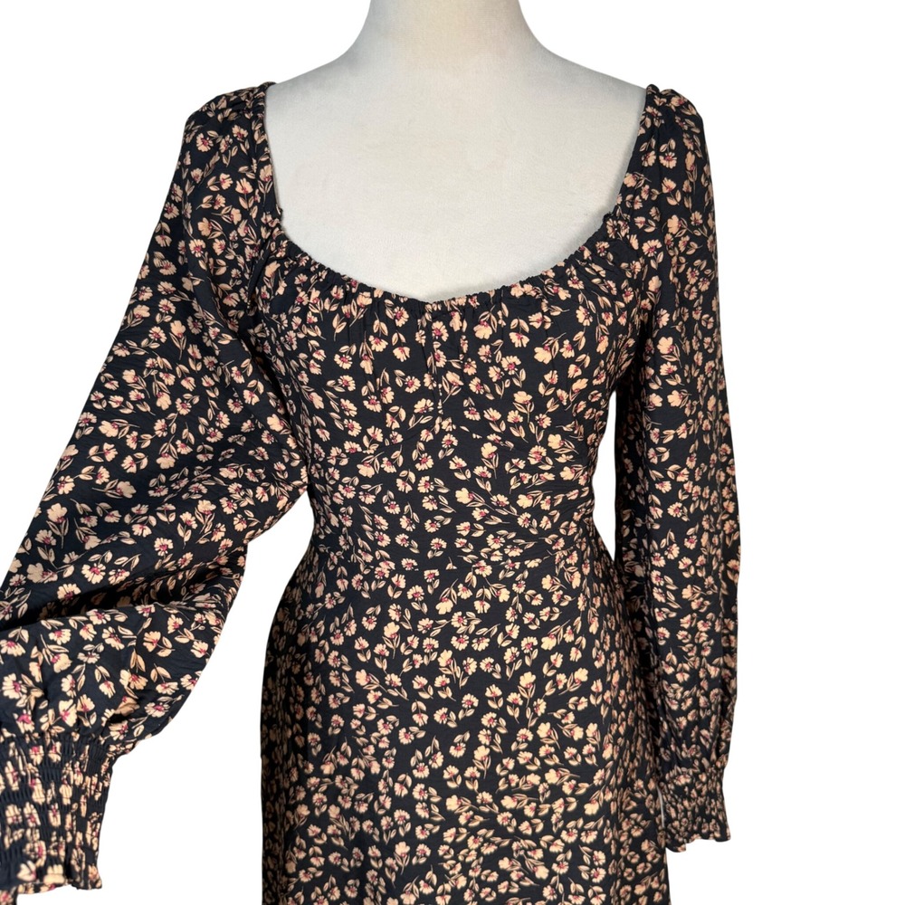 a.n.a Floral Sweetheart Midi Dress Pockets Smocked Balloon Sleeve M Boho Retro - Picture 3 of 16